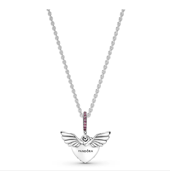 Pandora Silver Necklace with Pink Heart and Wings - Picture 5 of 6